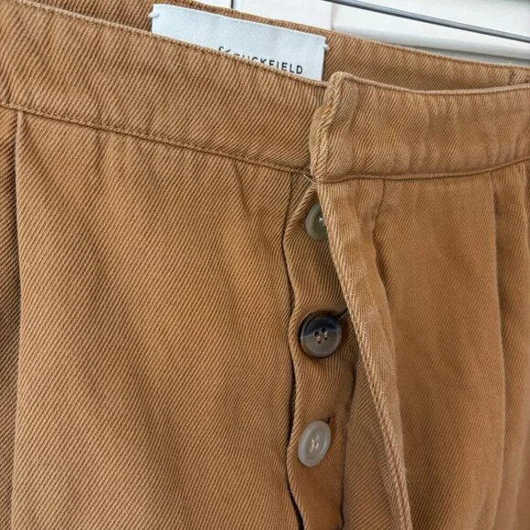 King & Tuckfield men's Tan Tab trousers 29 linen cotton toffee pleated *flaws*